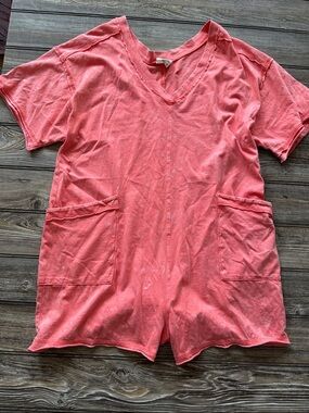 Coral V-Neck Pocket Romper medium pockets cotton
